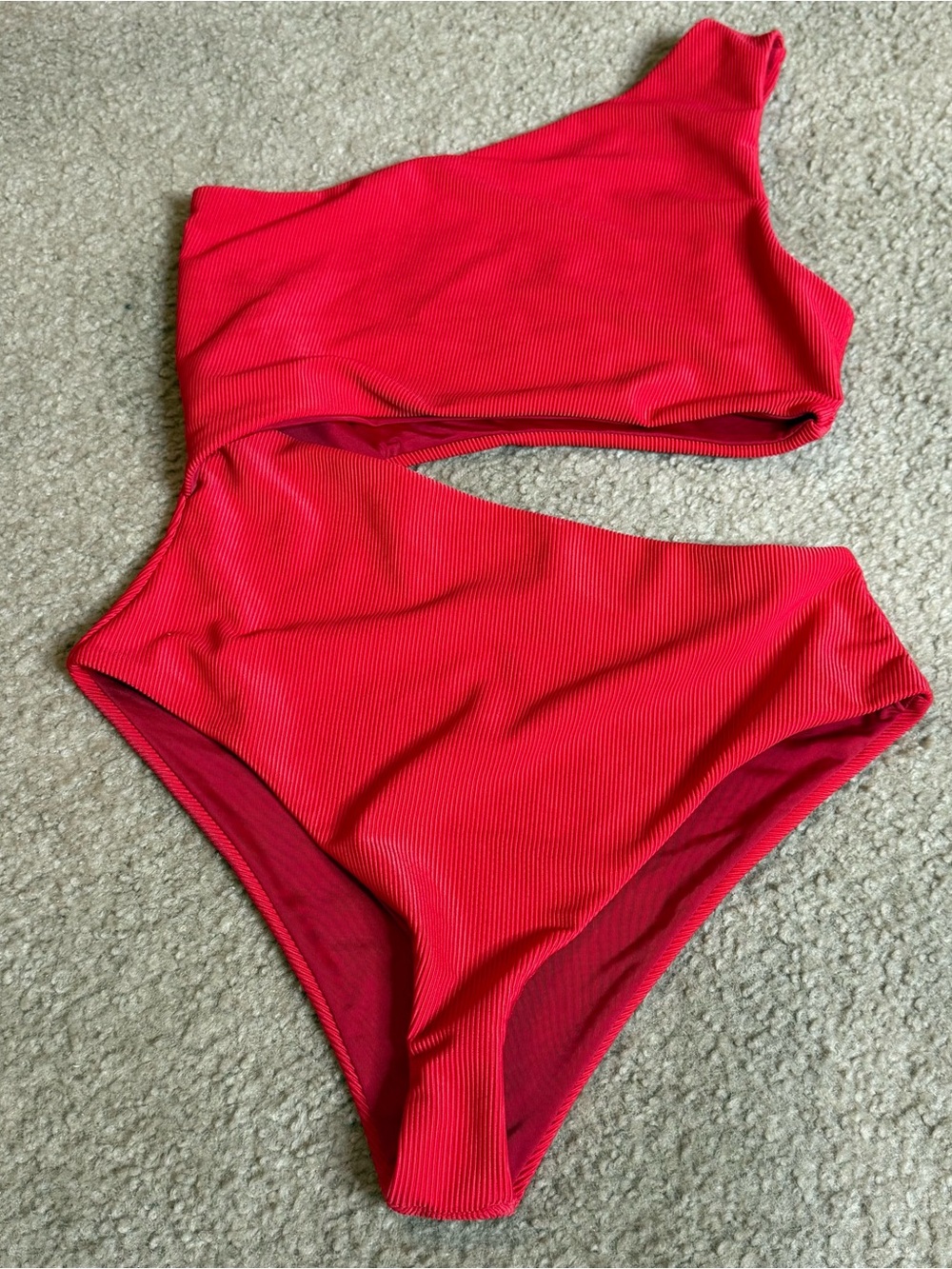 Beach Riot Celine Cutout One-Shoulder One-Piece Swimsuit Red Ribbed Size Medium - Picture 3 of 6